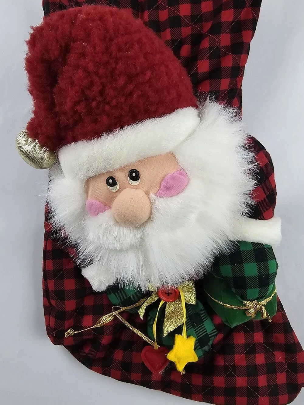 Vtg 3D Santa Christmas Stocking Buffalo Plaid Sherpa Cuff Festive Holiday